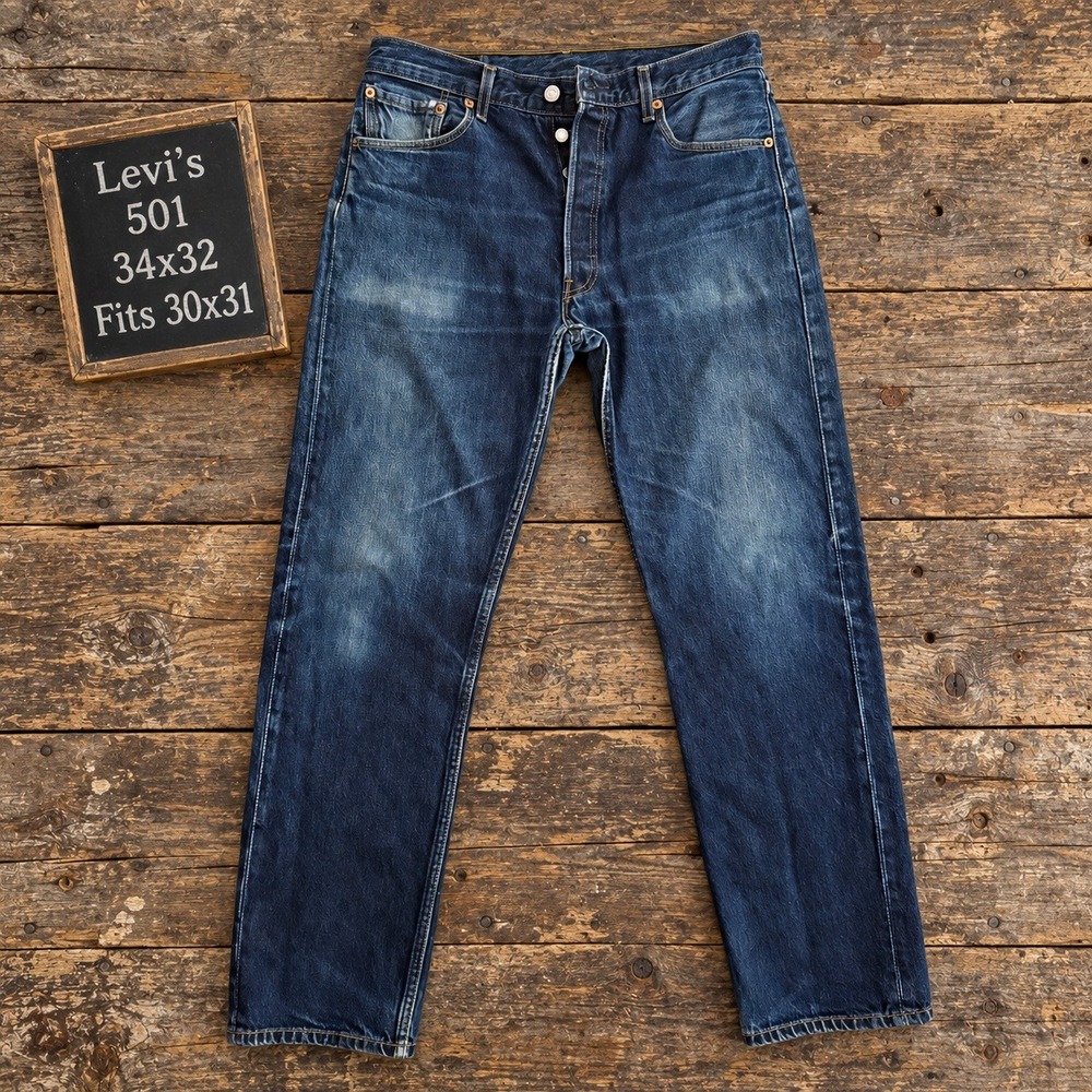 Levis 501 Vintage Mens Jeans 34x32 Fits 30x31 Dark Wash Blue Straight Leg Y2K